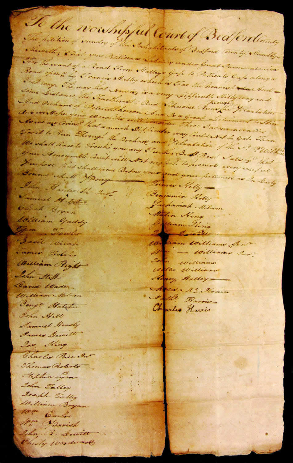 1783 Bedford Road Petition with Milam and Kelley Names